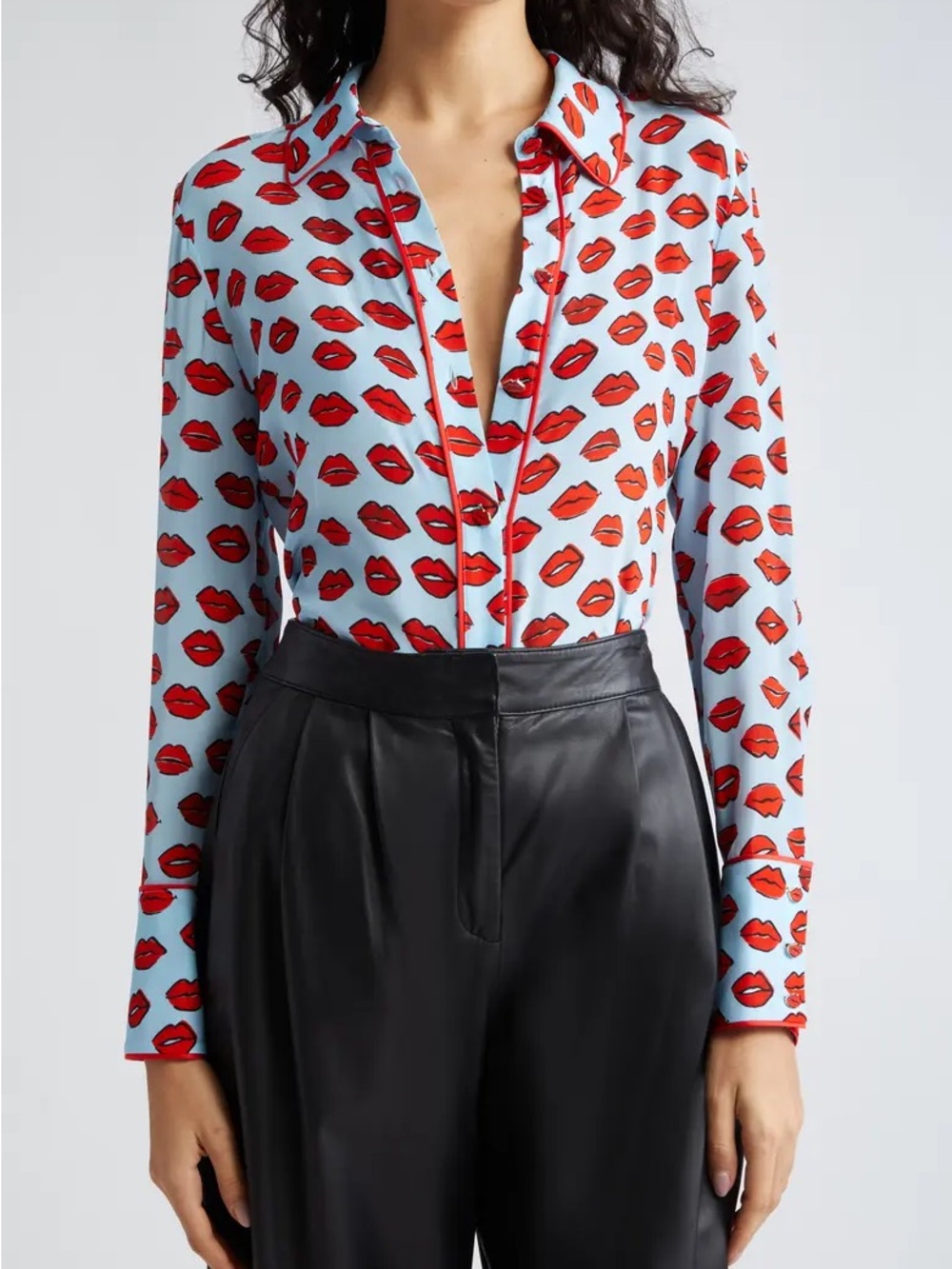 Alice + Olivia Light Blue Button-Down Shirt with Red Lip Print